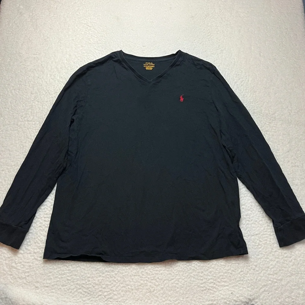 Polo Ralph Lauren T-Shirt‎ Mens XL Black V-Neck Long Sleeve Pony Logo Classic